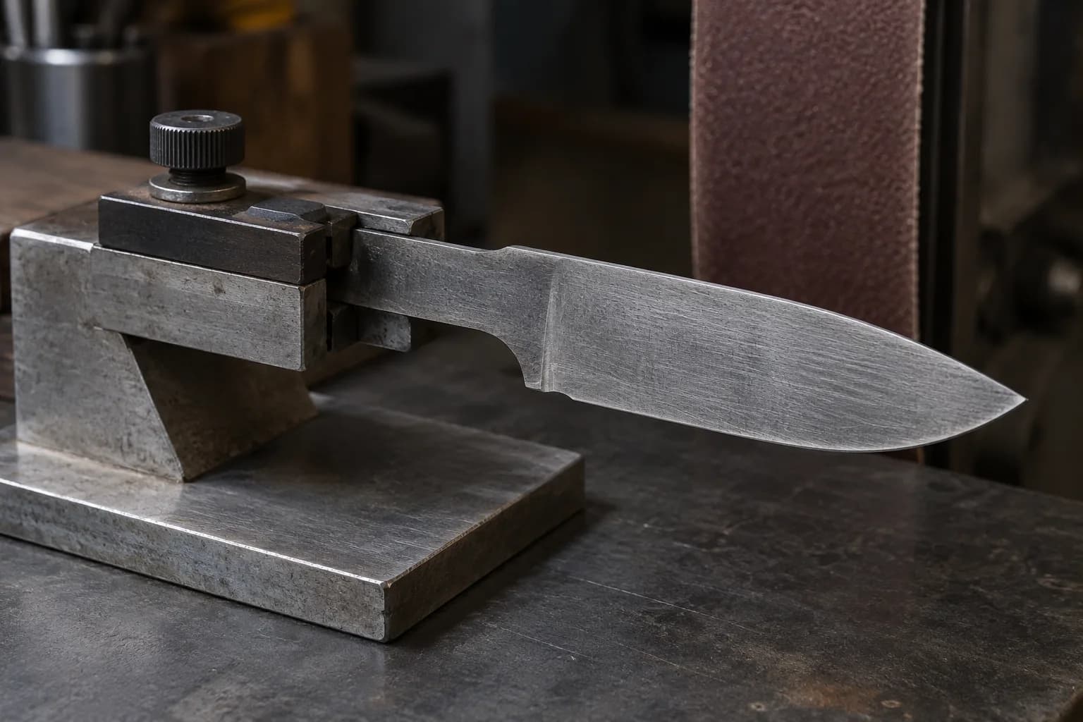 Unhardened knife blank with a scratch finish, clamped by its tang in a steel jig on a flat work surface, belt behind.