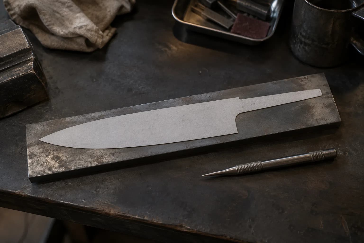 Plain chef-knife silhouette template lying on a rectangular steel bar beside an unmarked scribe on a dark bench.
