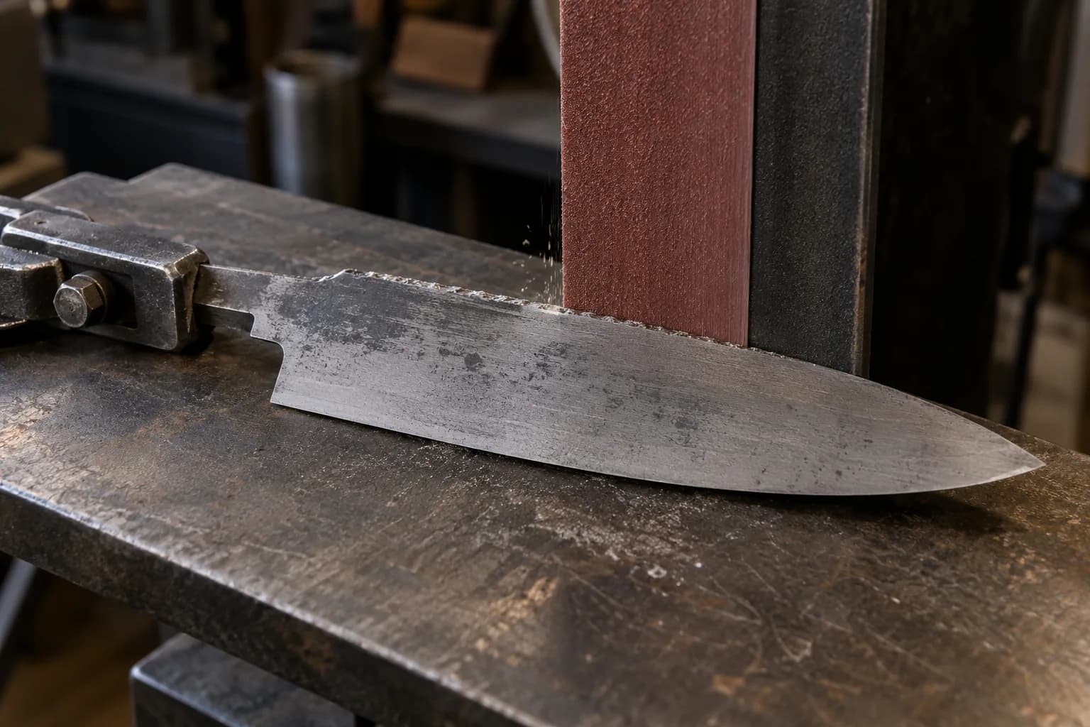 Chef knife blank clamped by its tang on a steel bench, spine edge pressed to a coarse belt with a few small gray sparks.