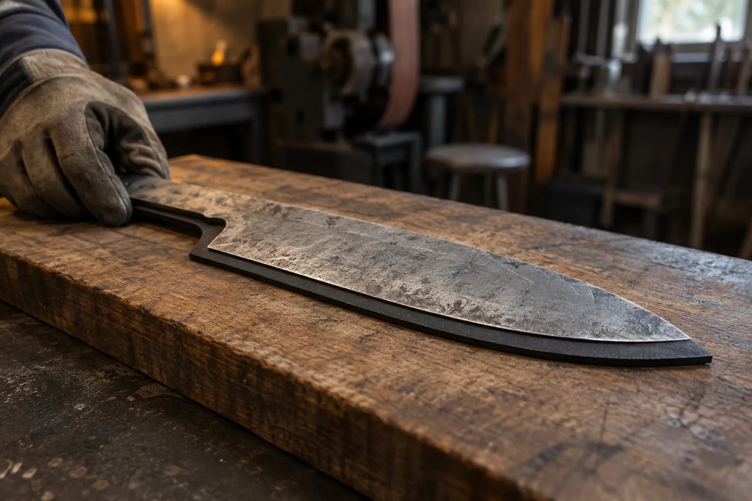 Gloved hand steadies the tang of a rough chef blank sitting on a slightly larger black template on a wooden board.