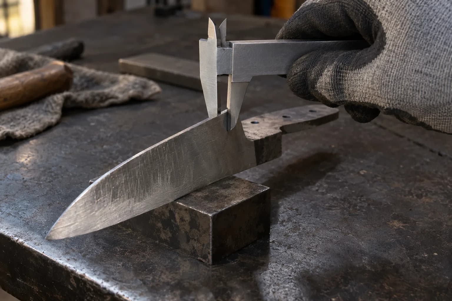Gloved hand holds plain calipers with jaws across the spine of a coarse-scratched chef blank on a steel bench.
