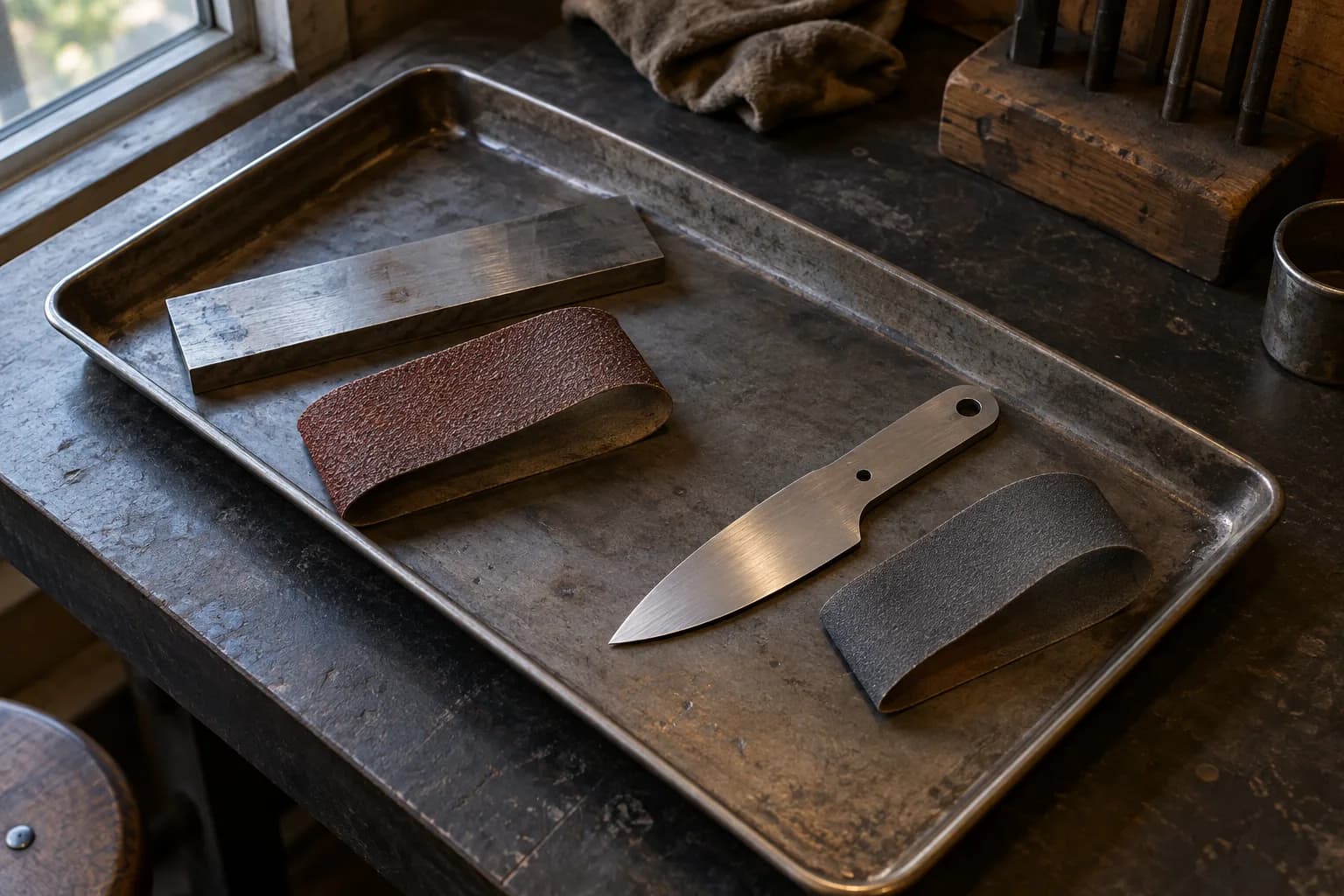 Steel bar stock and a coarse red-brown belt sample beside a satin knife blank and a finer grey belt sample on a steel tray.