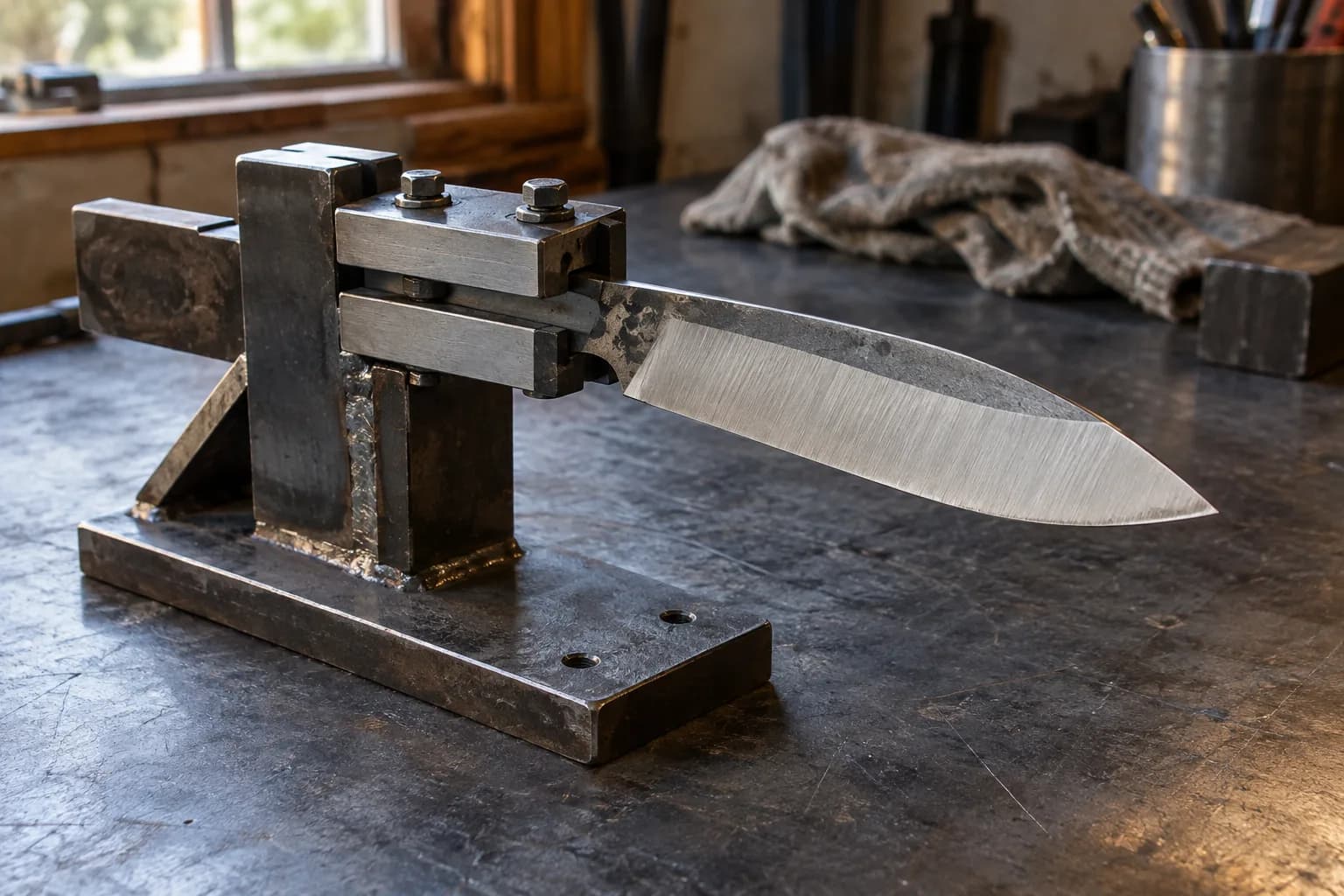Knife blank with a broad ground bevel clamped between steel bars on a welded jig whose flat base sits on the workbench.