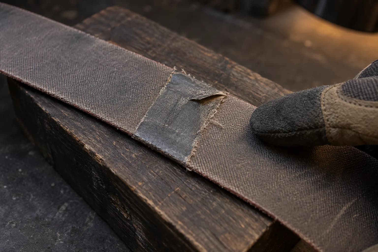 Worn abrasive belt splice with a lifted tape corner and frayed backing edge on a wood block, a gloved fingertip beside it.