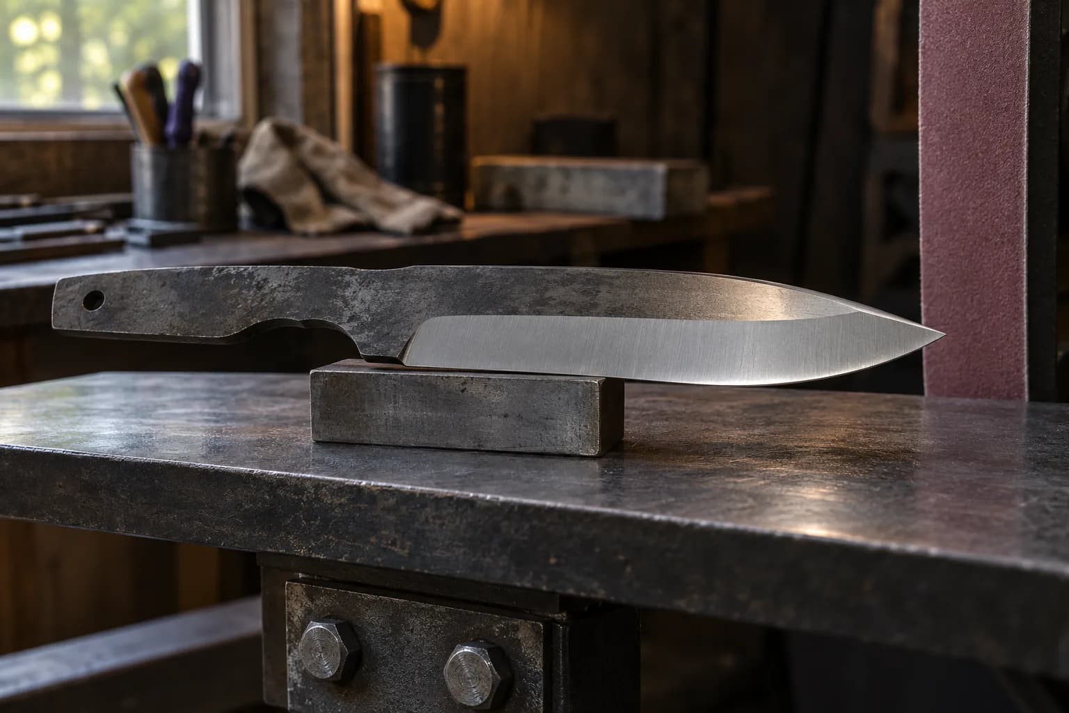 Cold knife blank with a ground bevel resting flat on a steel guide block on a bolted steel work rest, belt out of focus behind