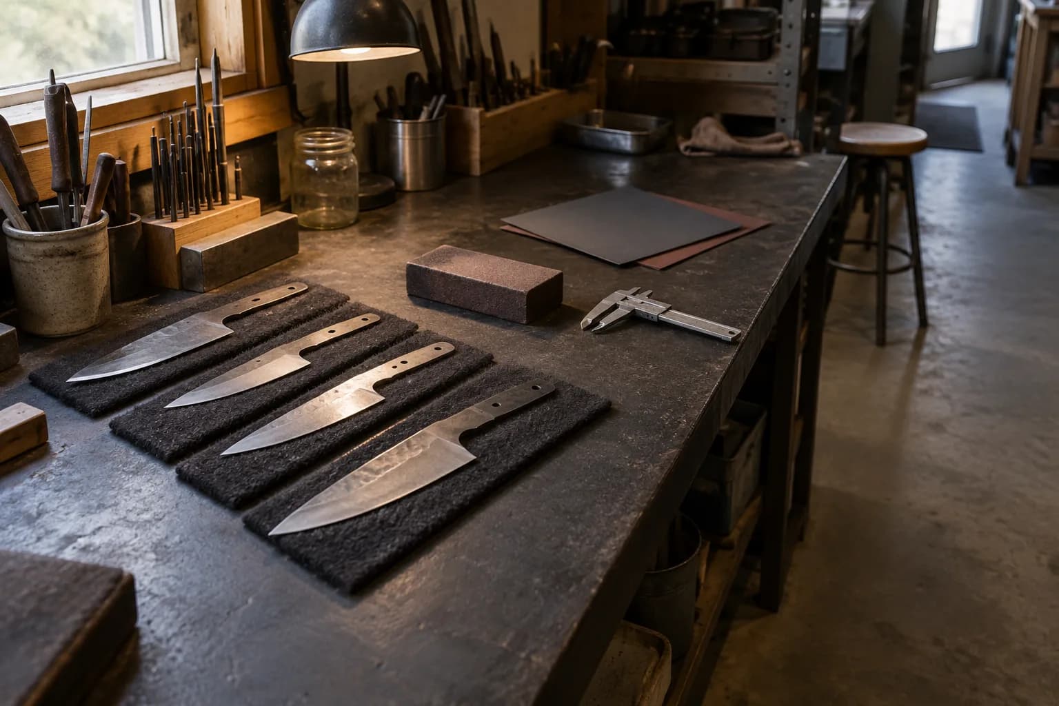 Finishing bench with four knife blanks on separate felt pads, a sanding block, calipers and abrasive sheets, and a clear aisle