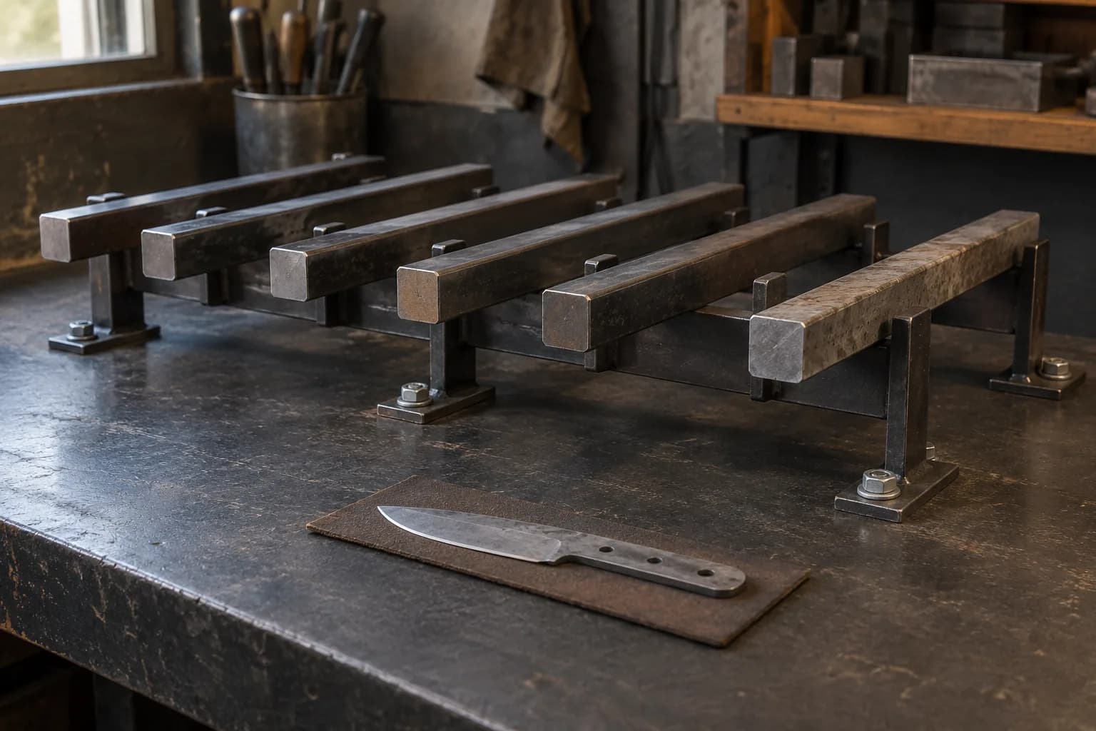 Six plain square steel bars lie level in a bolted bench rack, with a knife blank on a pad on the bench in front.