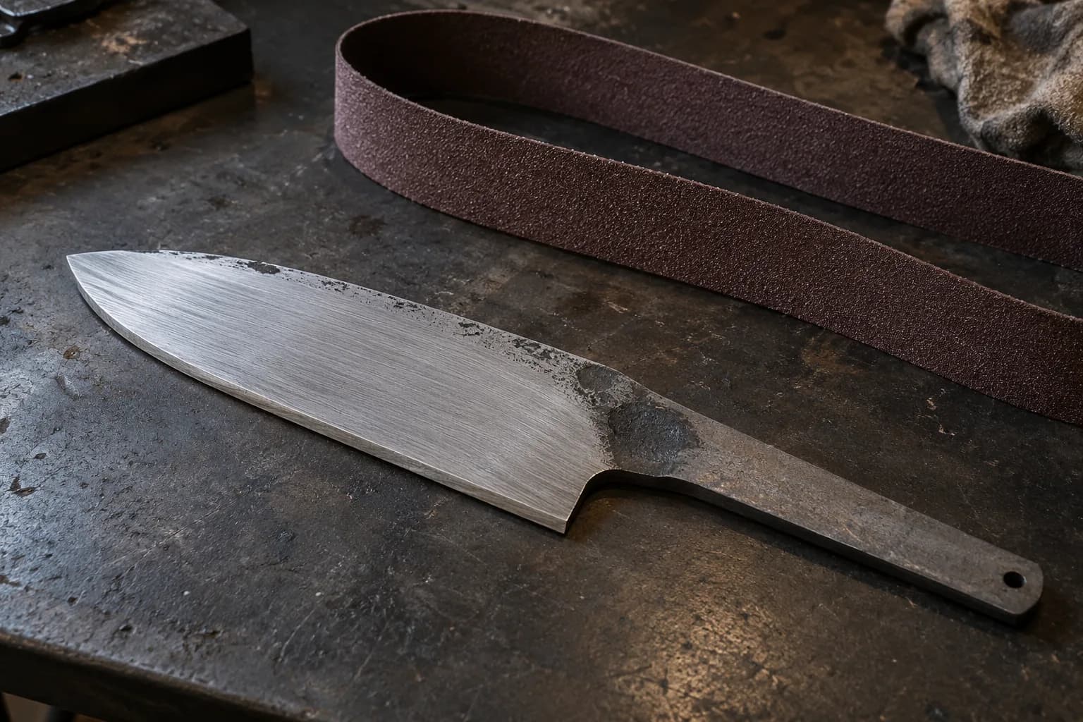 Cold forged knife blank with fresh abrasive scratches and leftover scale at the ricasso, beside a loose coarse belt.