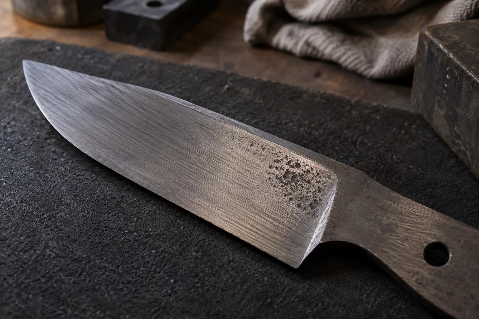 Raking light shows coarse grinding scratches and a patch of rough forging pits on a cold blade face near the ricasso.