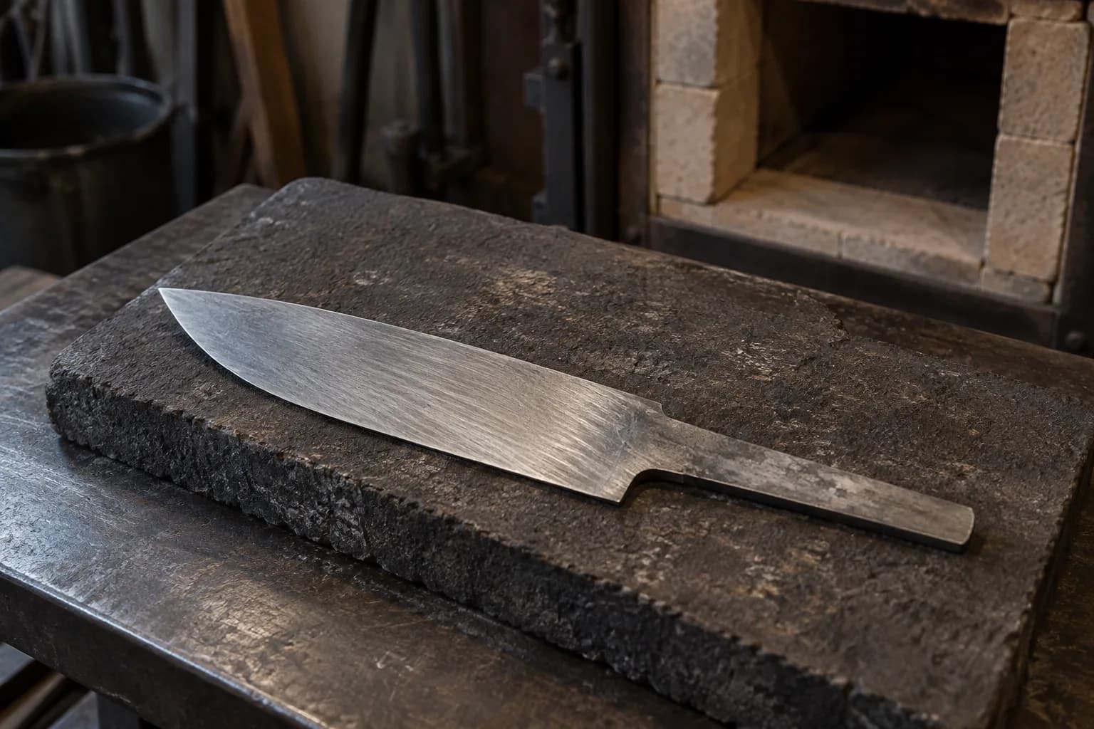 Flat forged blade blank with coarse satin scratches on a dark board in front of an unheated firebrick kiln opening.