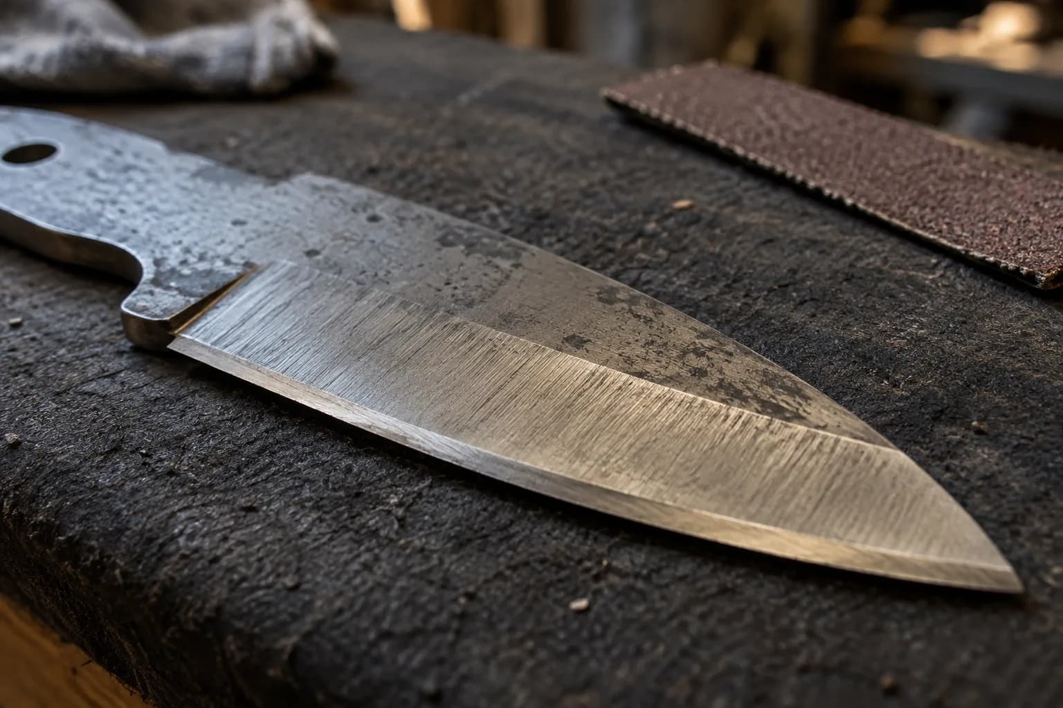Close view of an unsharpened forged blade with a ground bevel and thin edge land, abrasive strip behind, on a dark pad.
