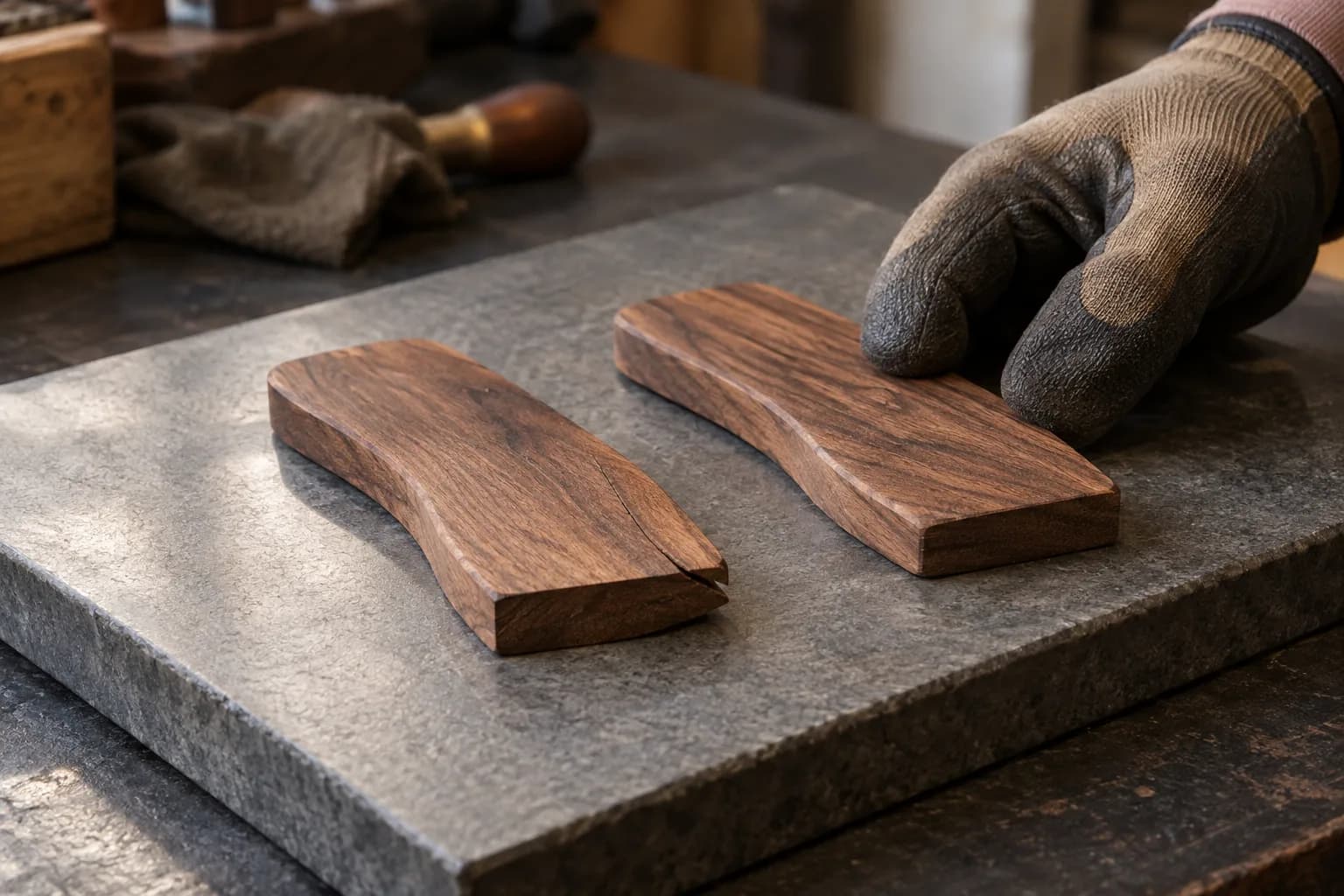 Two walnut handle scales on a stone slab, one with a hairline end crack, a gloved hand resting on the sound one.