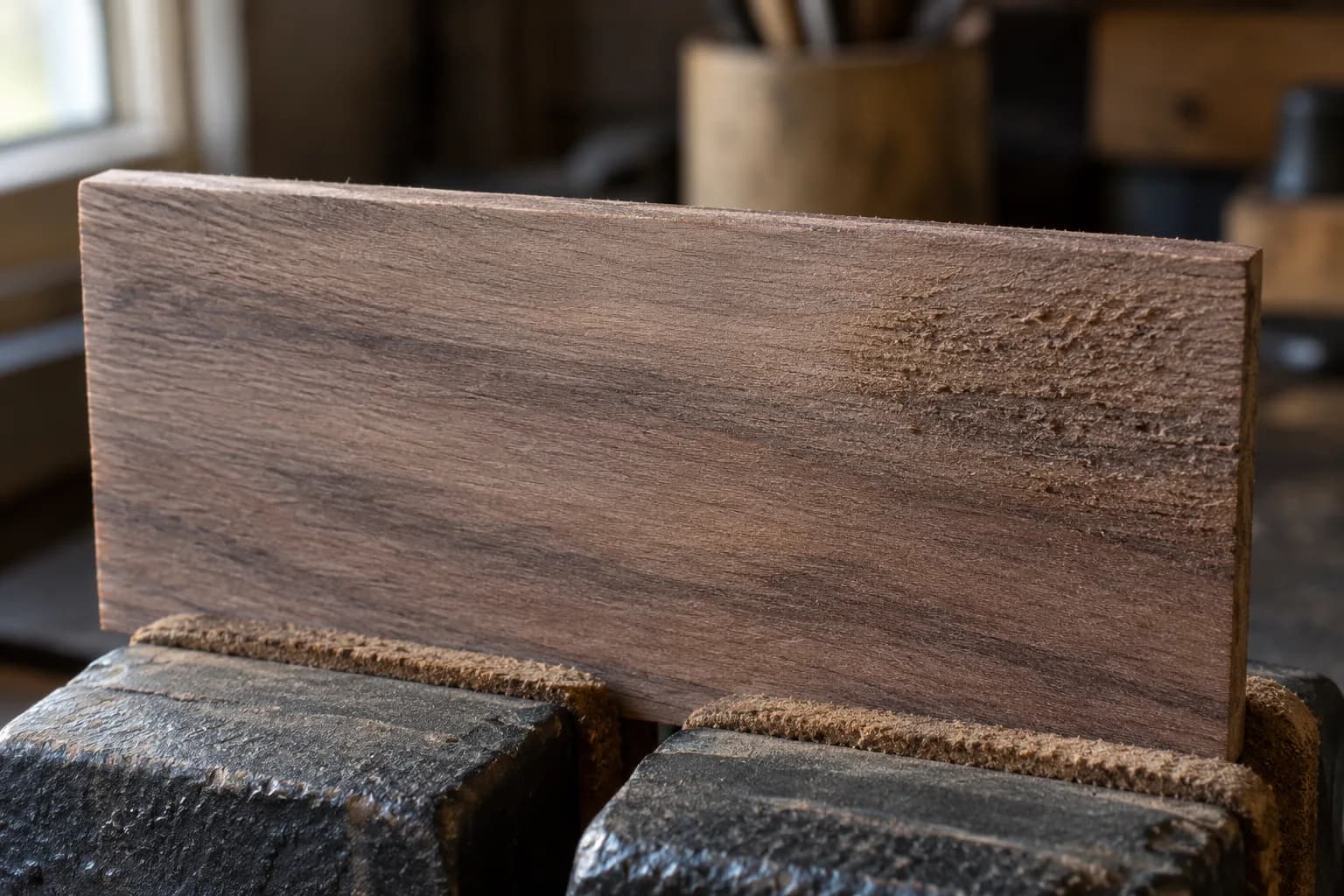 Walnut handle scale upright in padded vise jaws, sanded smooth with a rough torn-grain patch left on the right.