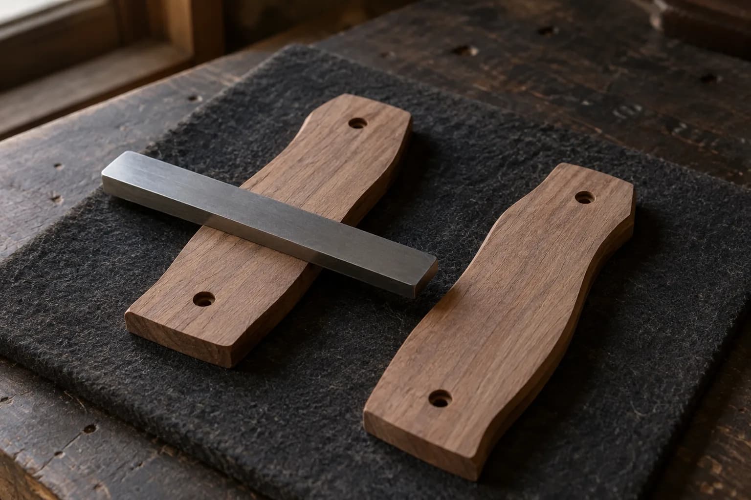 Steel straightedge laid across a walnut handle scale with two pin holes, its matching scale beside it on a felt pad.