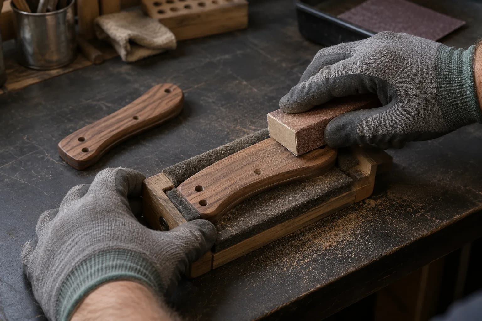 Gloved hands sand a walnut handle scale held in a padded wooden fixture with a small block; a second scale lies nearby.