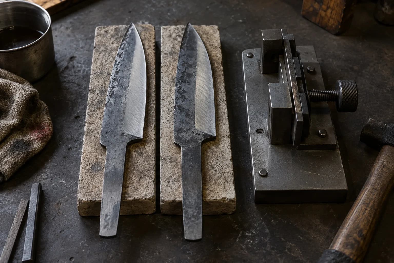 Two forged knife blanks with matching ground bevels on firebrick pads beside a plain bench clamp, a hammer and an oil can.