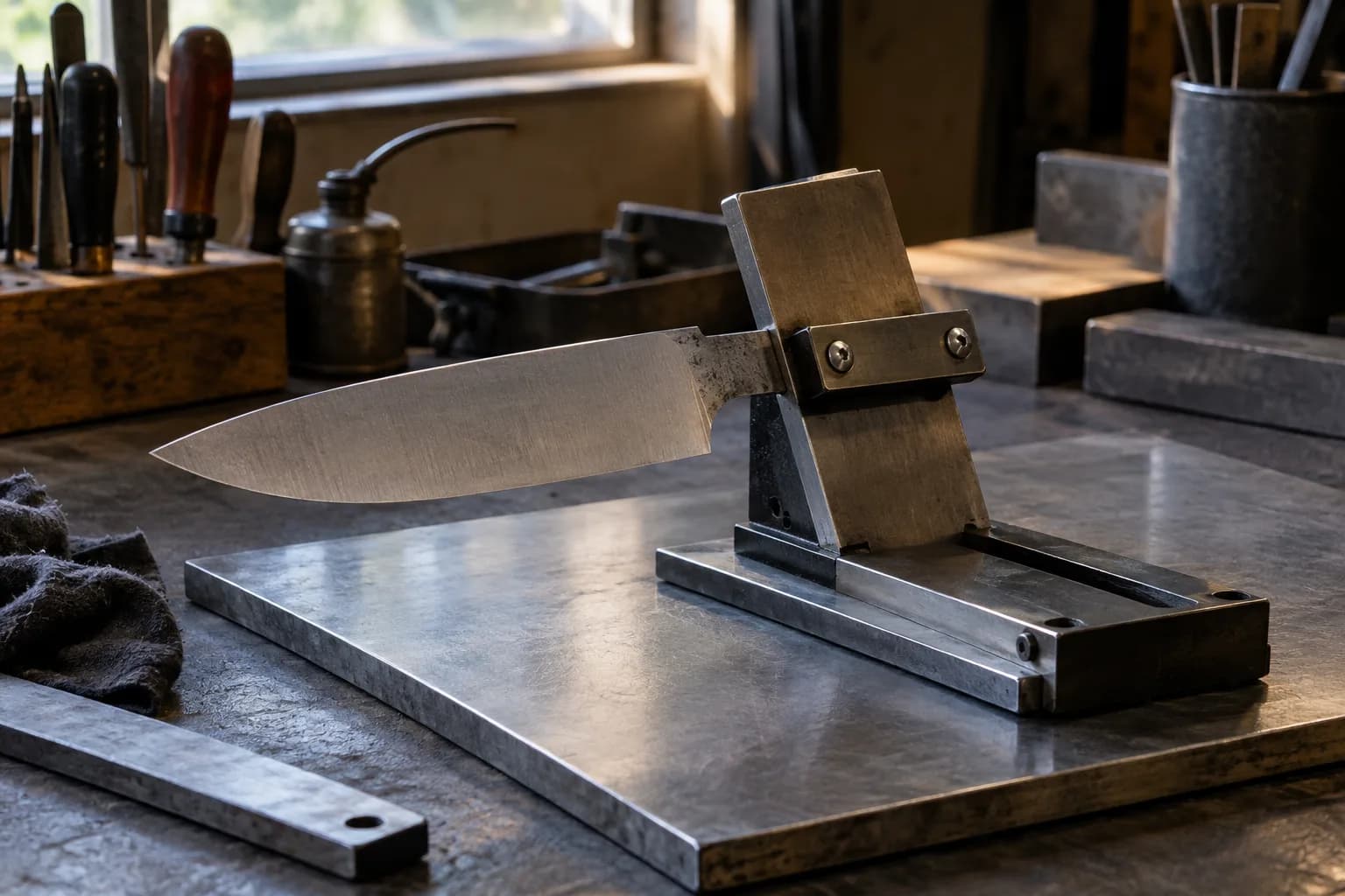 Knife blank clamped by its tang in a tilted bevel jig, its flat base resting on a steel plate on a dim workshop bench