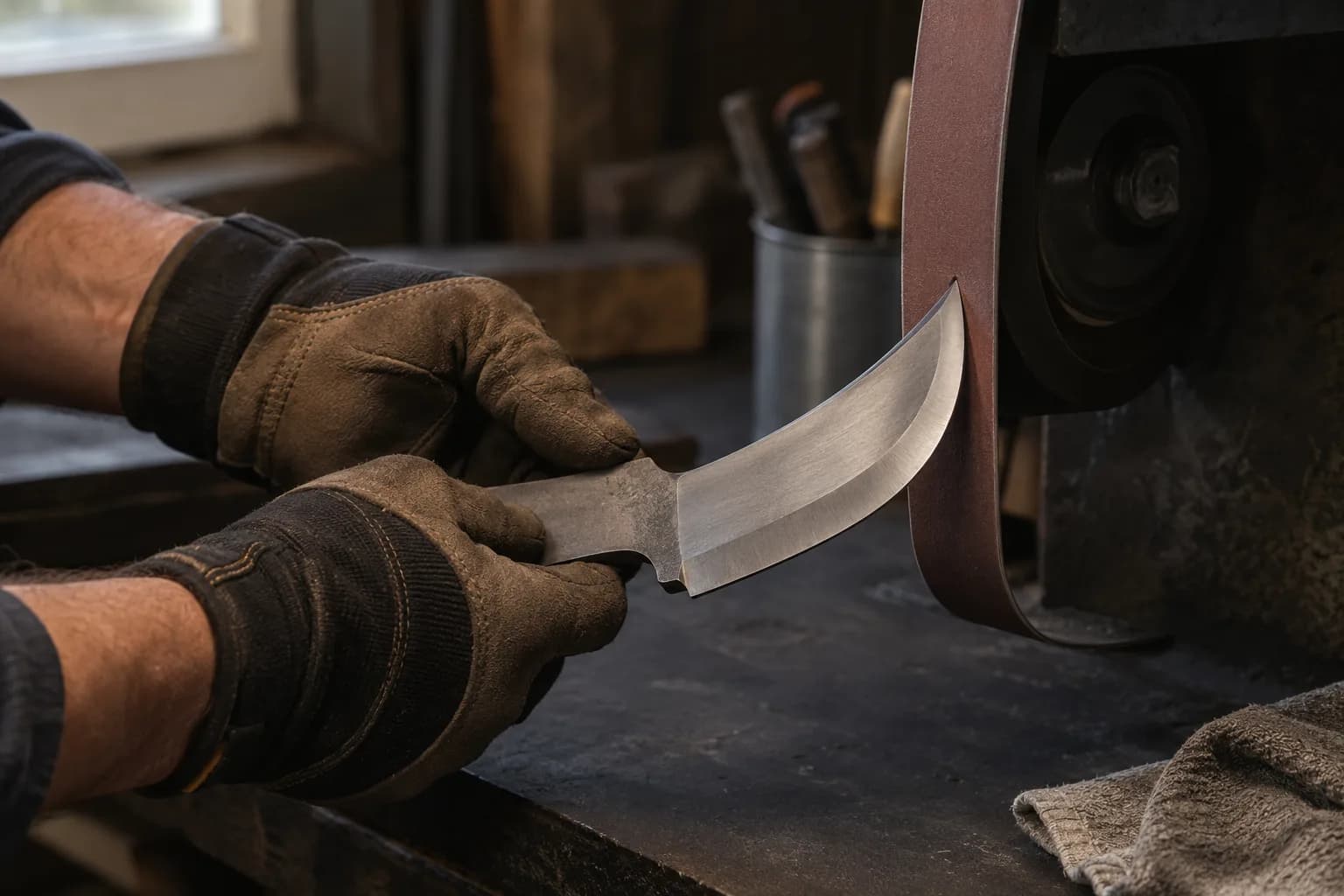 Gloved hands hold a curved blade by the tang, its belly edge touching a sanding belt on a contact wheel, grinder idle.