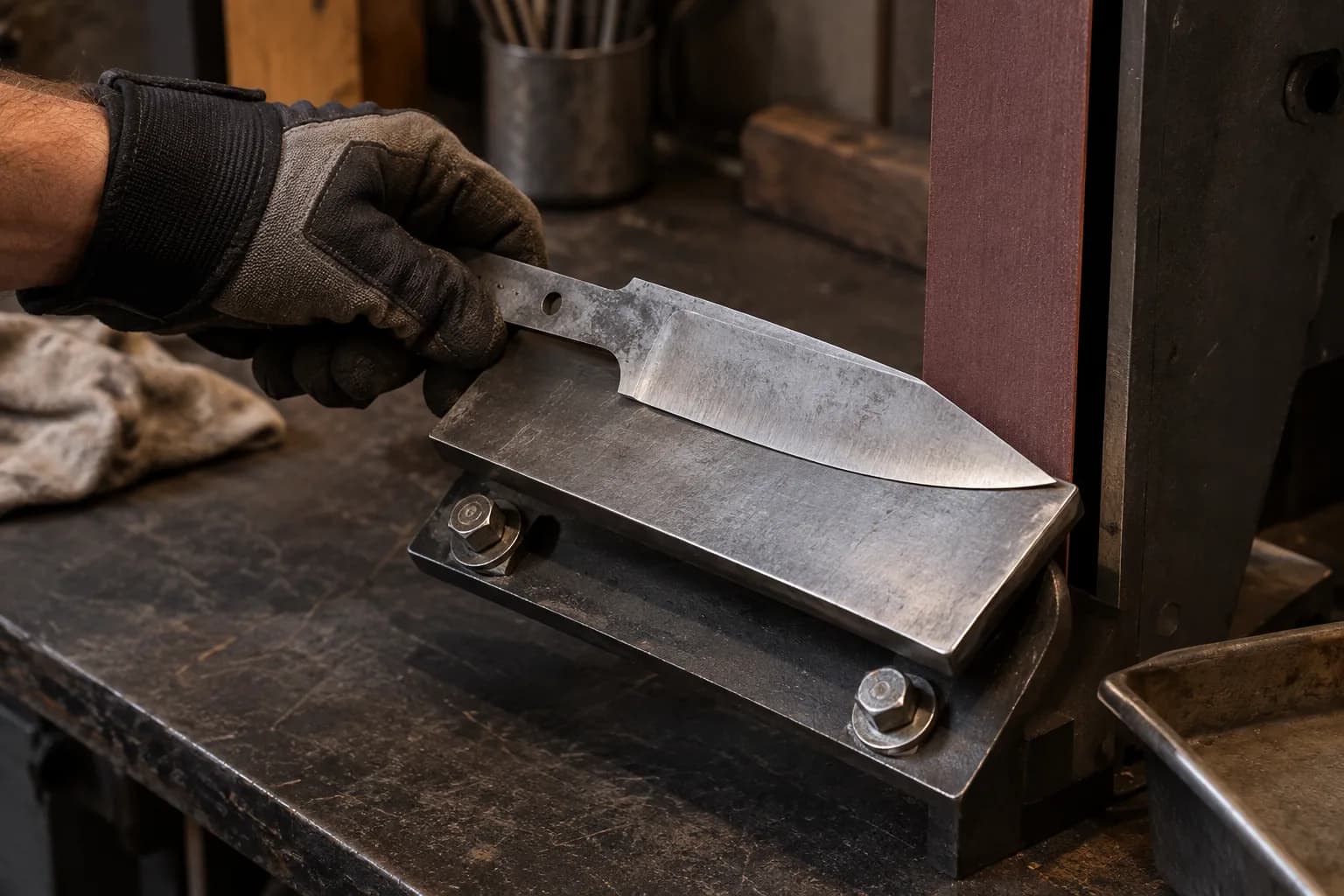 Gloved hand holding a knife blank flat on an inclined, bolted steel work rest beside a stationary abrasive belt.