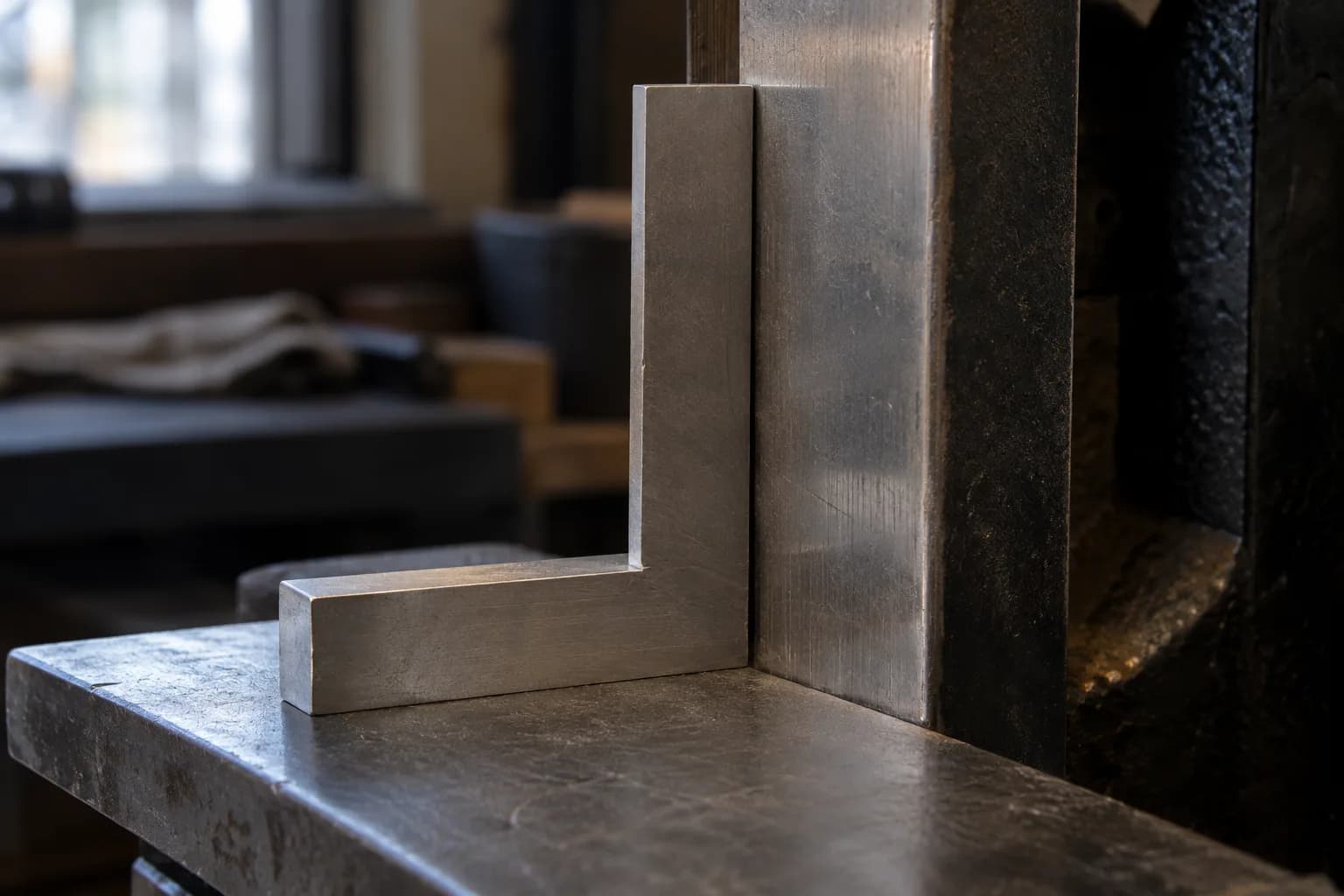 Plain steel machinist square standing on a work table with its blade flat against a bare platen face, no belt fitted.