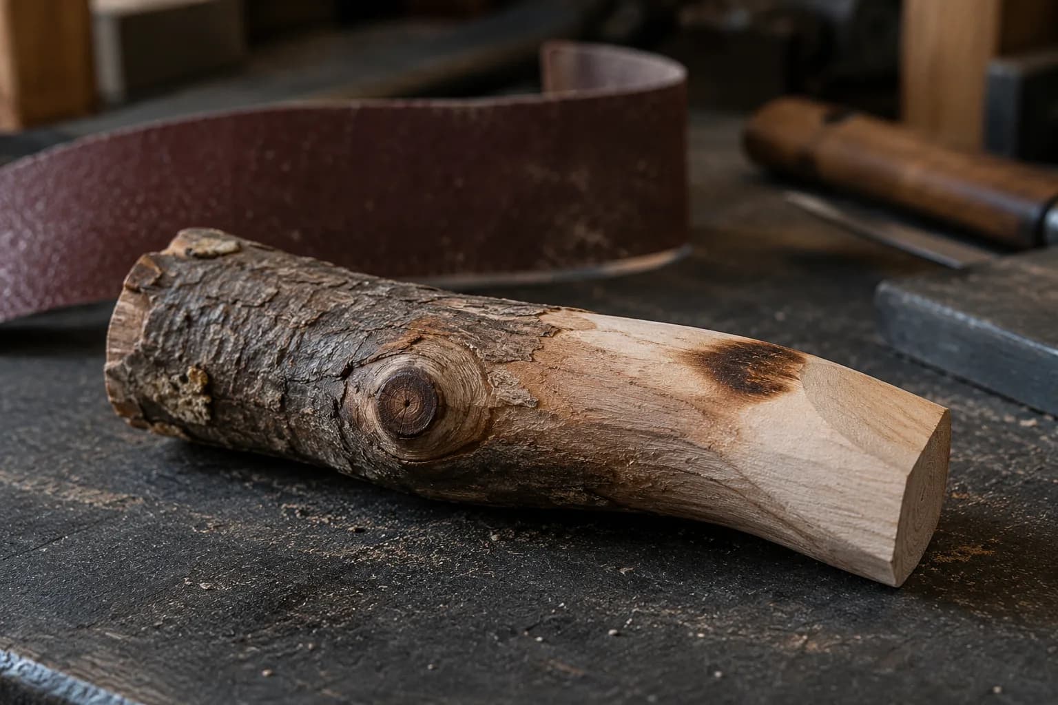 Branch-handle offcut with a small dark scorched patch on sanded pale wood, bark and knot intact, in front of a worn sanding belt.