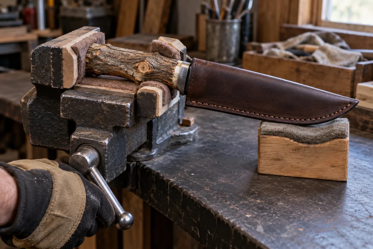 Bark-covered branch knife handle clamped in padded wooden vise jaws, sheathed blade resting on a felt block, gloved hand on the vise bar.
