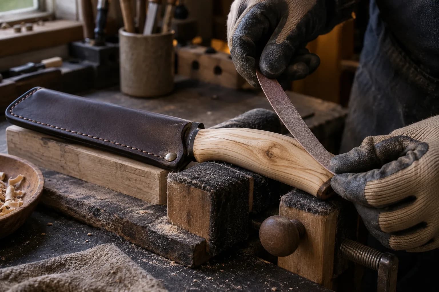 Gloved hands draw a narrow sanding strip over a pale curved wooden handle held in padded vise jaws, sheathed knife alongside.