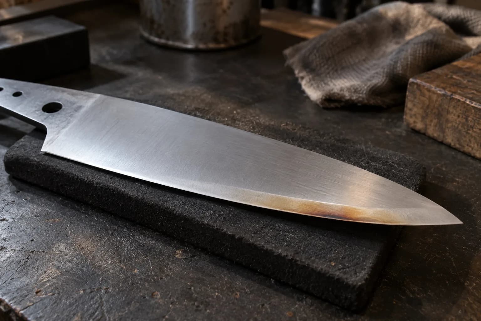 Stainless chef knife blank on a dark pad with a narrow straw-to-brown heat-tint patch along the ground edge bevel near the tip.