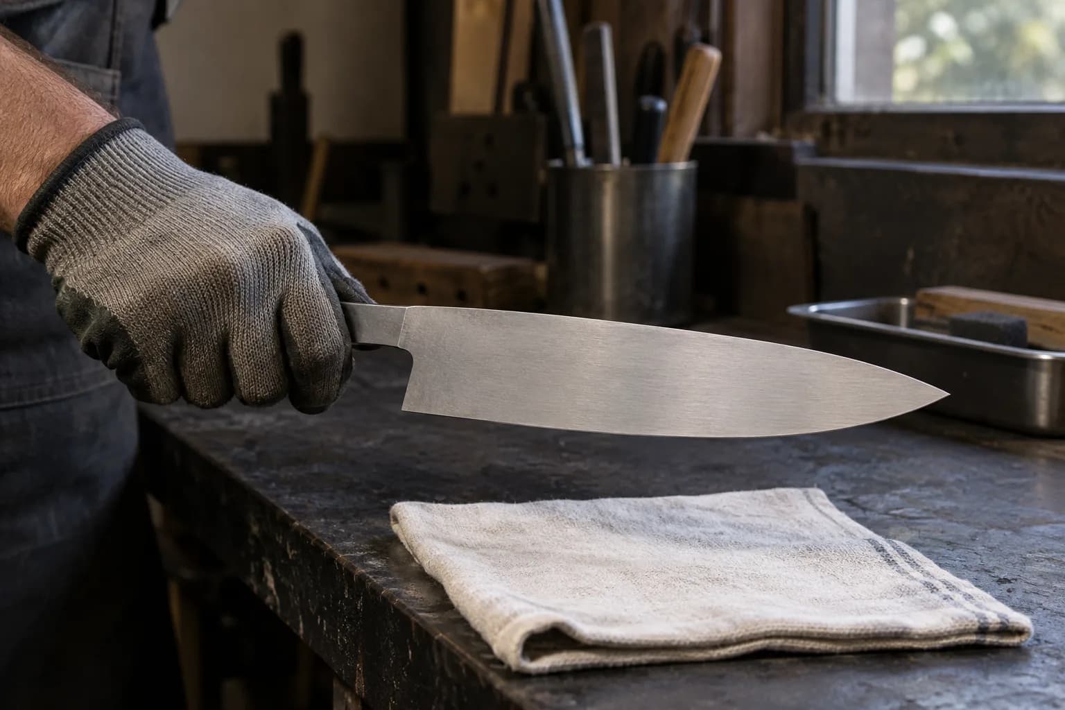 Gloved hand holds a plain satin stainless chef-knife blank over a folded cloth on a dark shop bench for inspection.