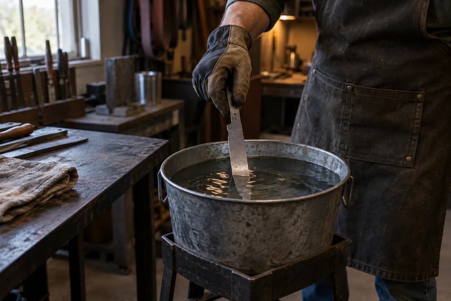 Gloved hand lowers a gray stainless blade point-down into a galvanized water bucket on a steel stand, with ripples at entry.