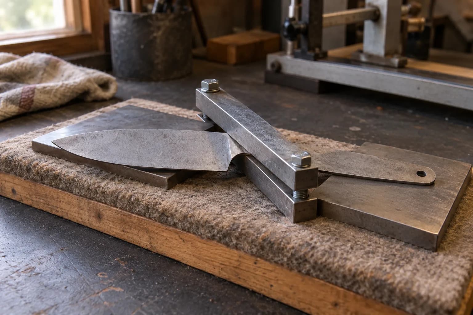 Two steel bars bolted together clamp a blunt knife blank at the ricasso, resting on steel plates over felt on a bench.