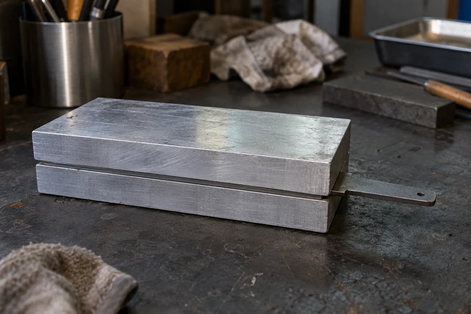 Two thick aluminum plates stacked on a dark bench with a gray steel tang projecting from the seam between them.