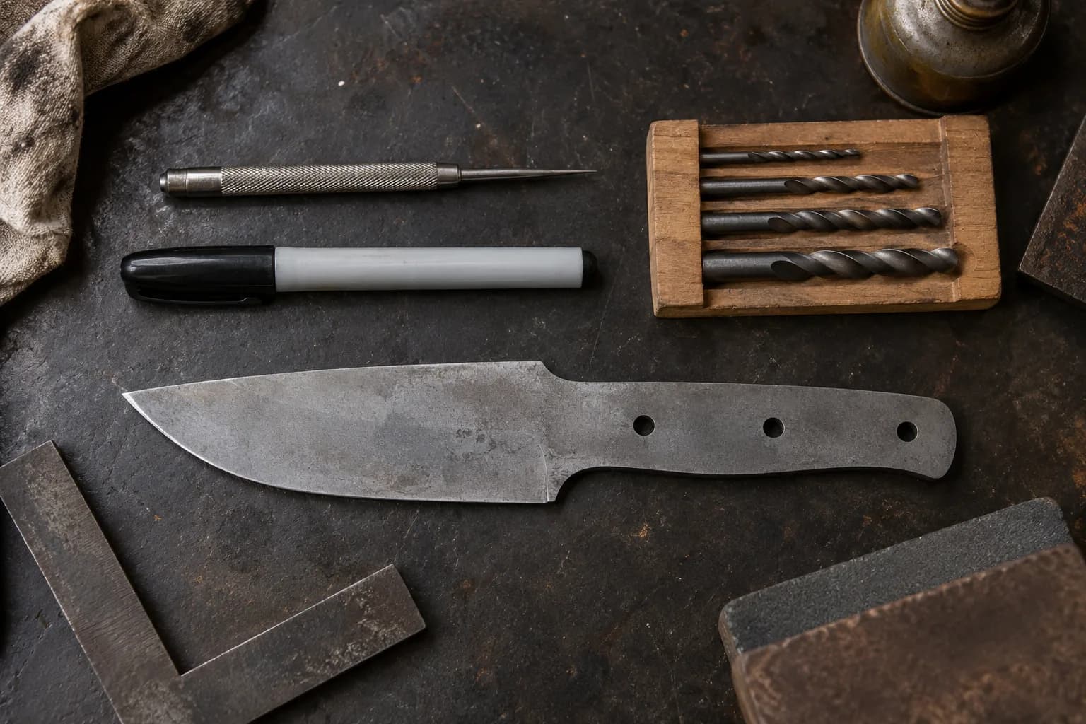 Overhead view of a scribe, plain marker and four drill bits in a wooden cradle beside a knife blank with three pin holes.