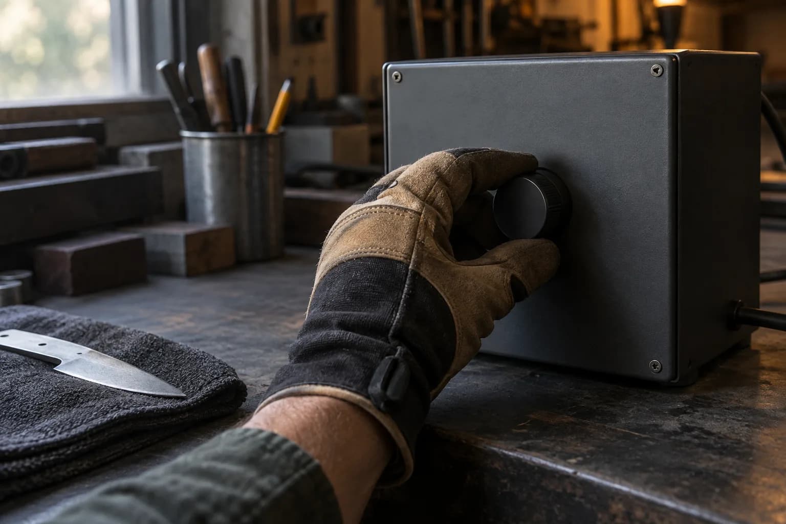 Gloved fingers turning a plain unmarked knob on a gray control box, with a thin knife blade resting on a towel nearby.