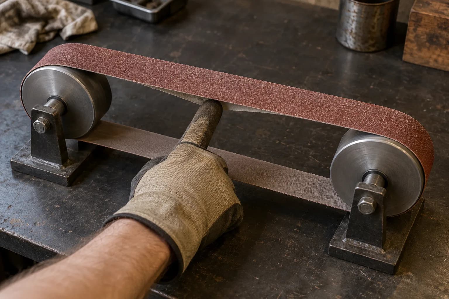 Gloved fingertip pressing up on the top run of a stationary red abrasive belt looped over two plain wheels on a steel bench.