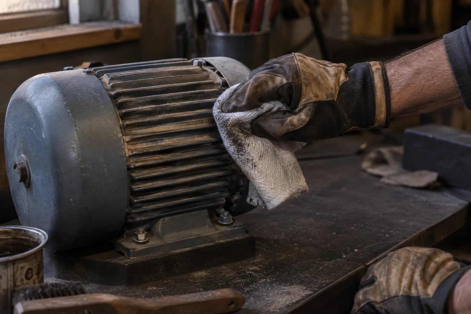 Gloved hand wiping settled grinding dust from the cooling fins of a bolted-down electric motor with a gray cloth.