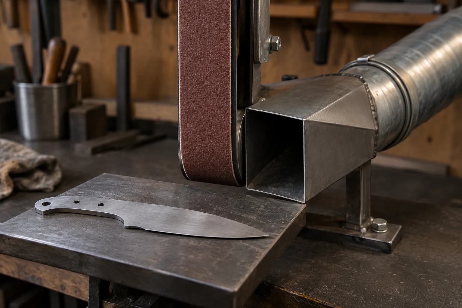 Sheet-metal capture hood beside a vertical abrasive belt, ducted away, with a cold stainless knife blank on the steel table.