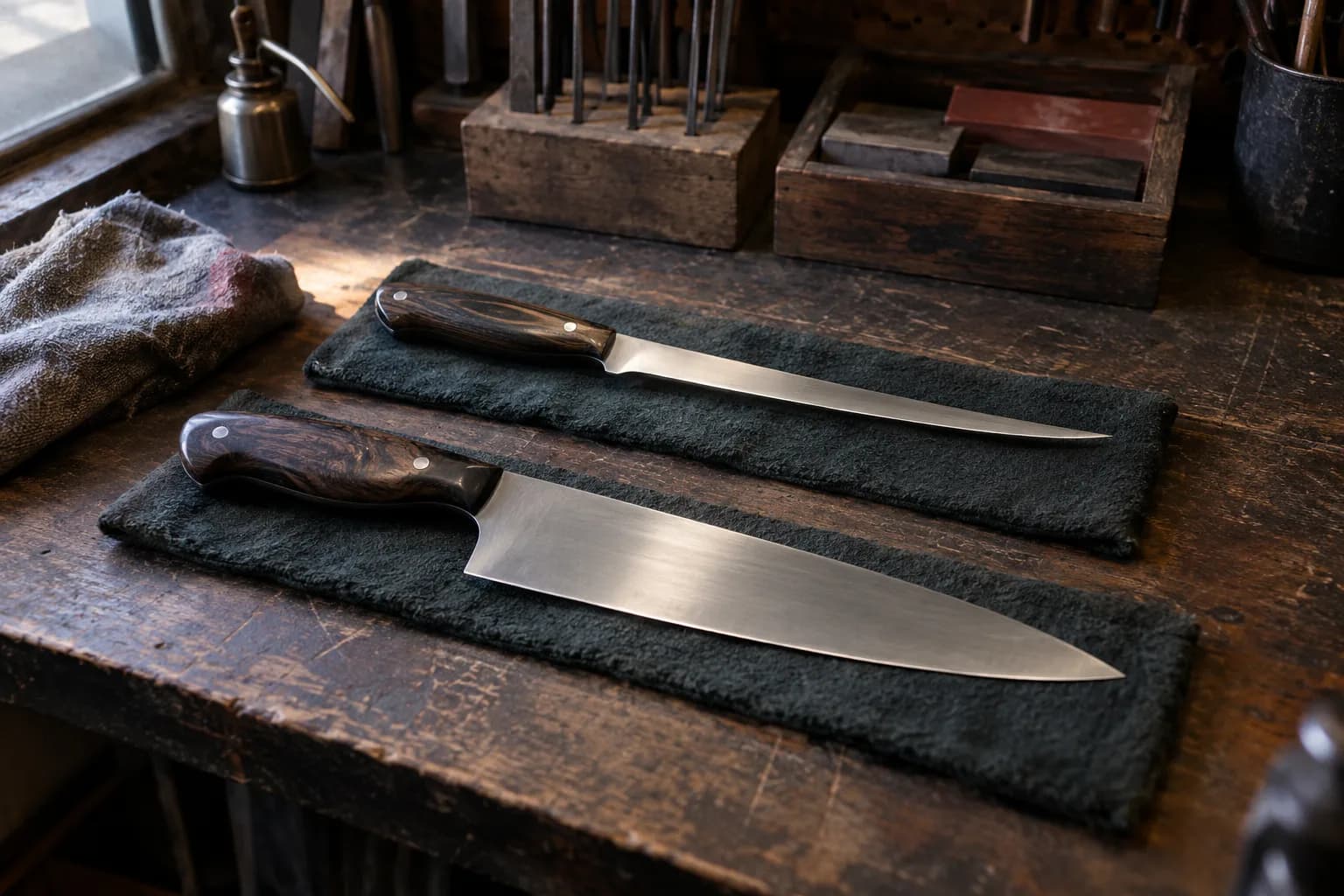 Slender fillet knife and wider chef knife lying on separate dark pads on a worn wooden workbench.