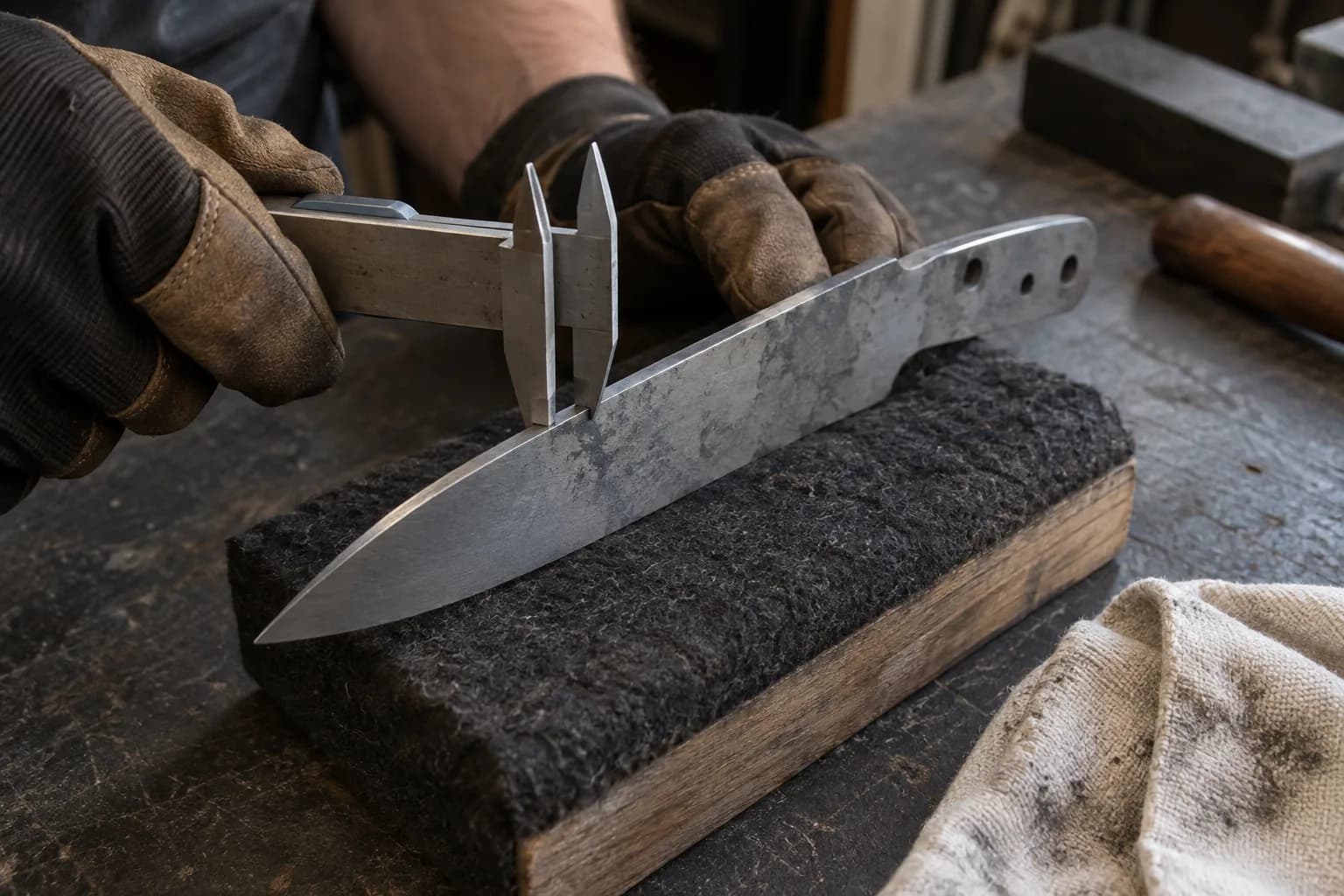 Gloved hands hold caliper jaws across the narrow edge of a knife blank standing edge-up in a felt-lined block.