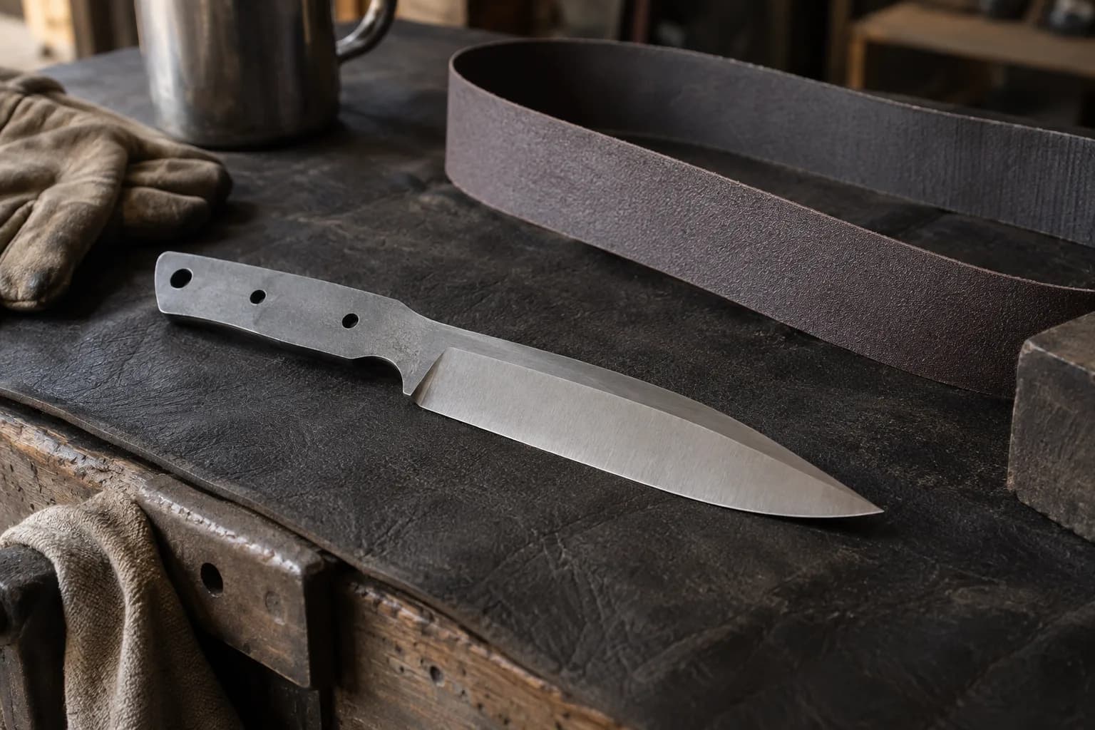 Unhandled satin-finished knife blank with tang holes lying on dark leather beside a looped abrasive belt.