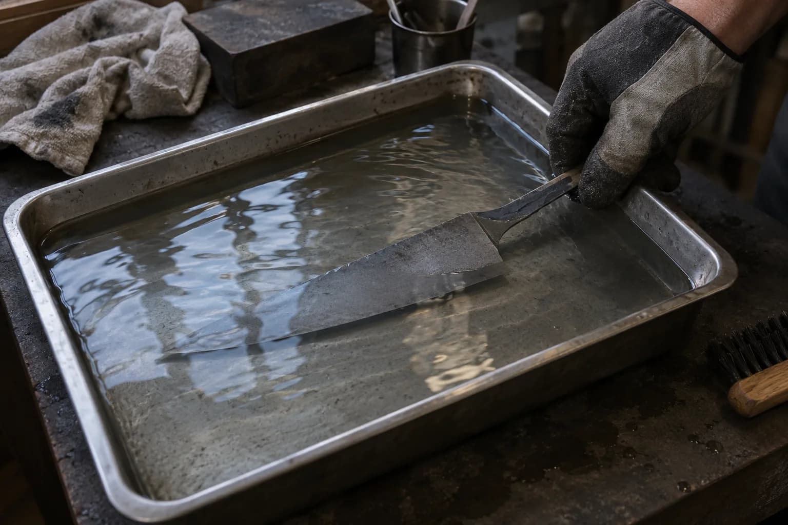 Gray knife blade submerged in a shallow steel tray of water, its tang lifted by a gloved hand.