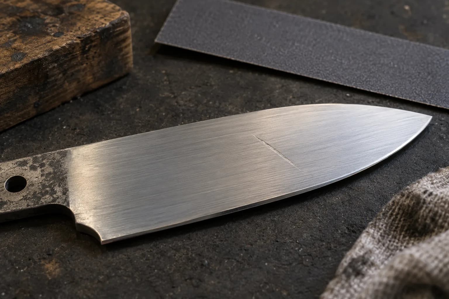 Partly polished blade lying flat with one deep diagonal scratch across its face, beside a blank abrasive strip and a wood block.
