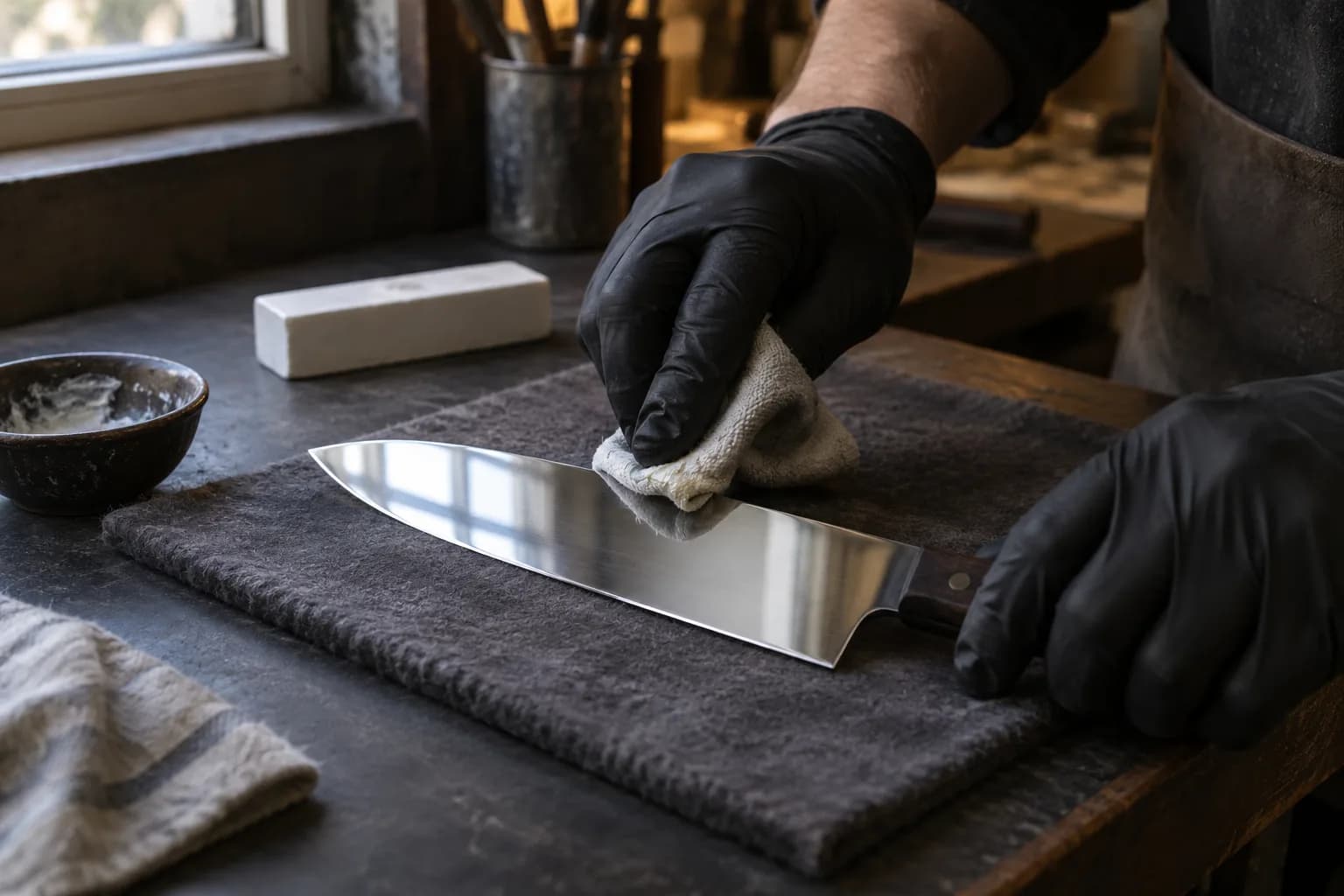 Gloved hand wiping a soft cloth along the face of a mirror-bright knife blade lying on a grey felt pad.
