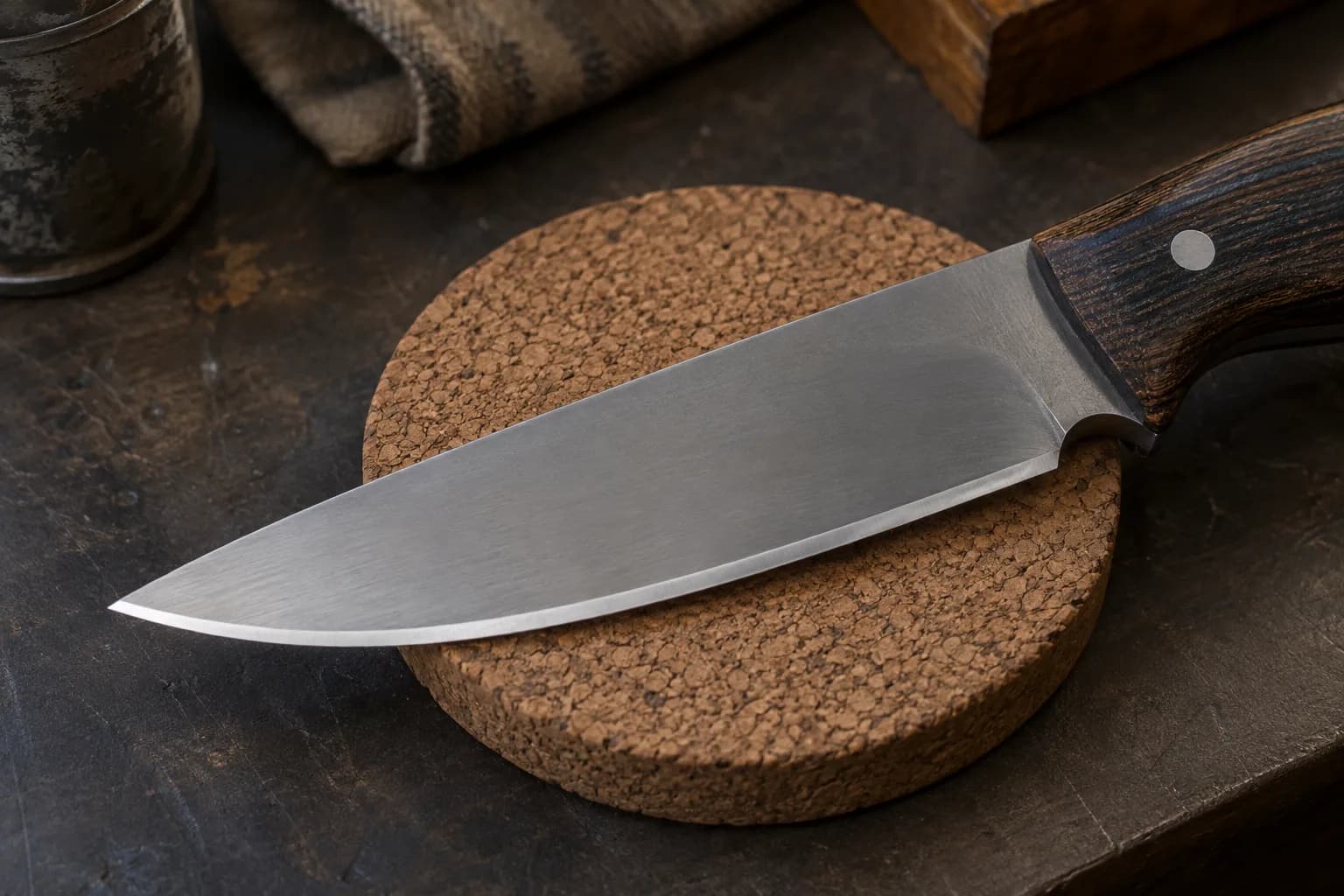 Drop-point knife with dark wood handle on a cork pad, its narrow bright edge bevel running unbroken from heel to tip