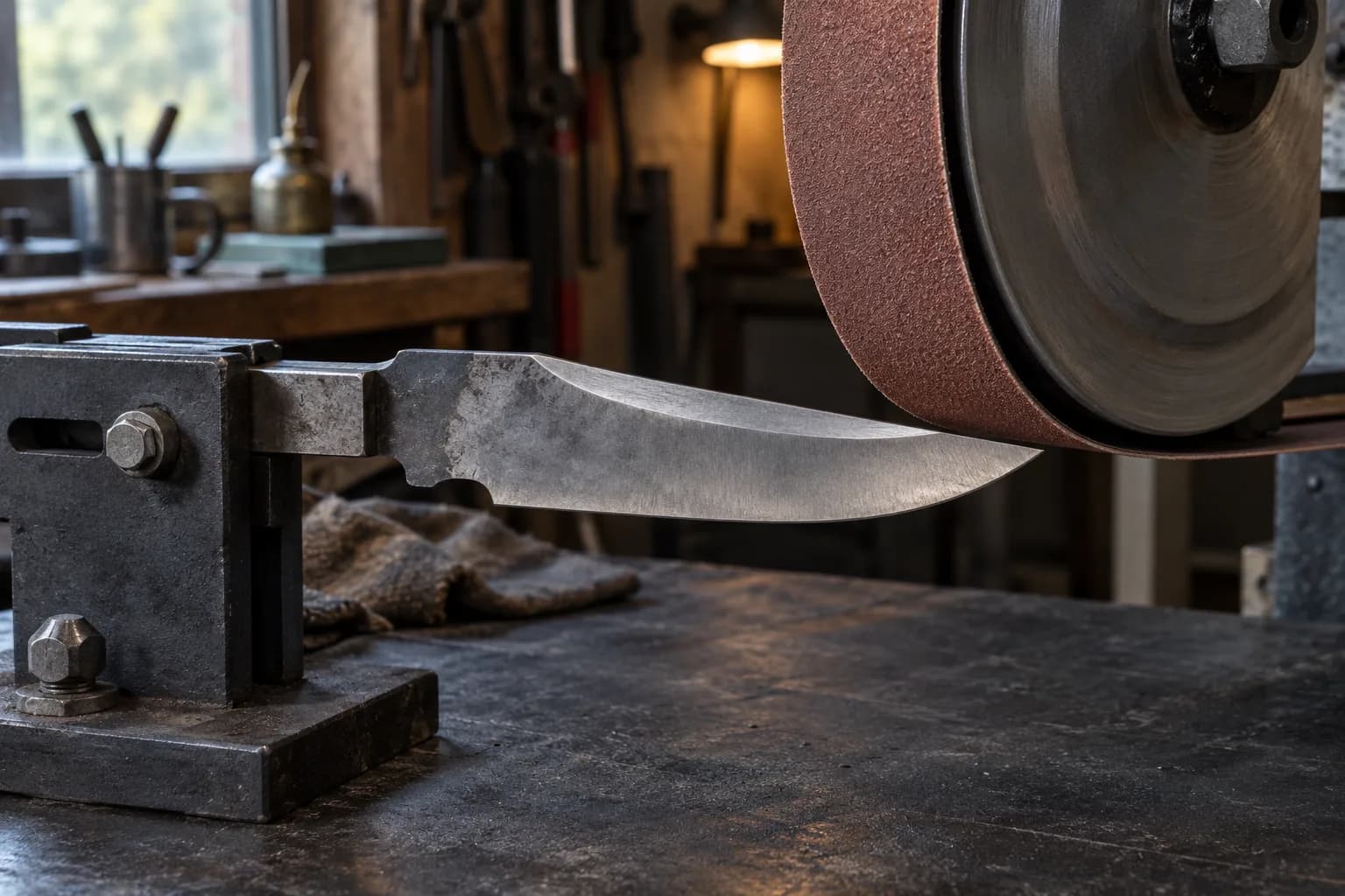 Cold knife blank clamped in a steel fixture, its tip just short of a belt-covered contact wheel on a dark bench.