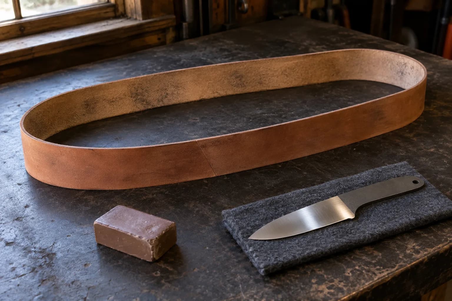 Leather polishing belt loop on a dark bench beside a polished knife on a felt pad and a brown compound block.