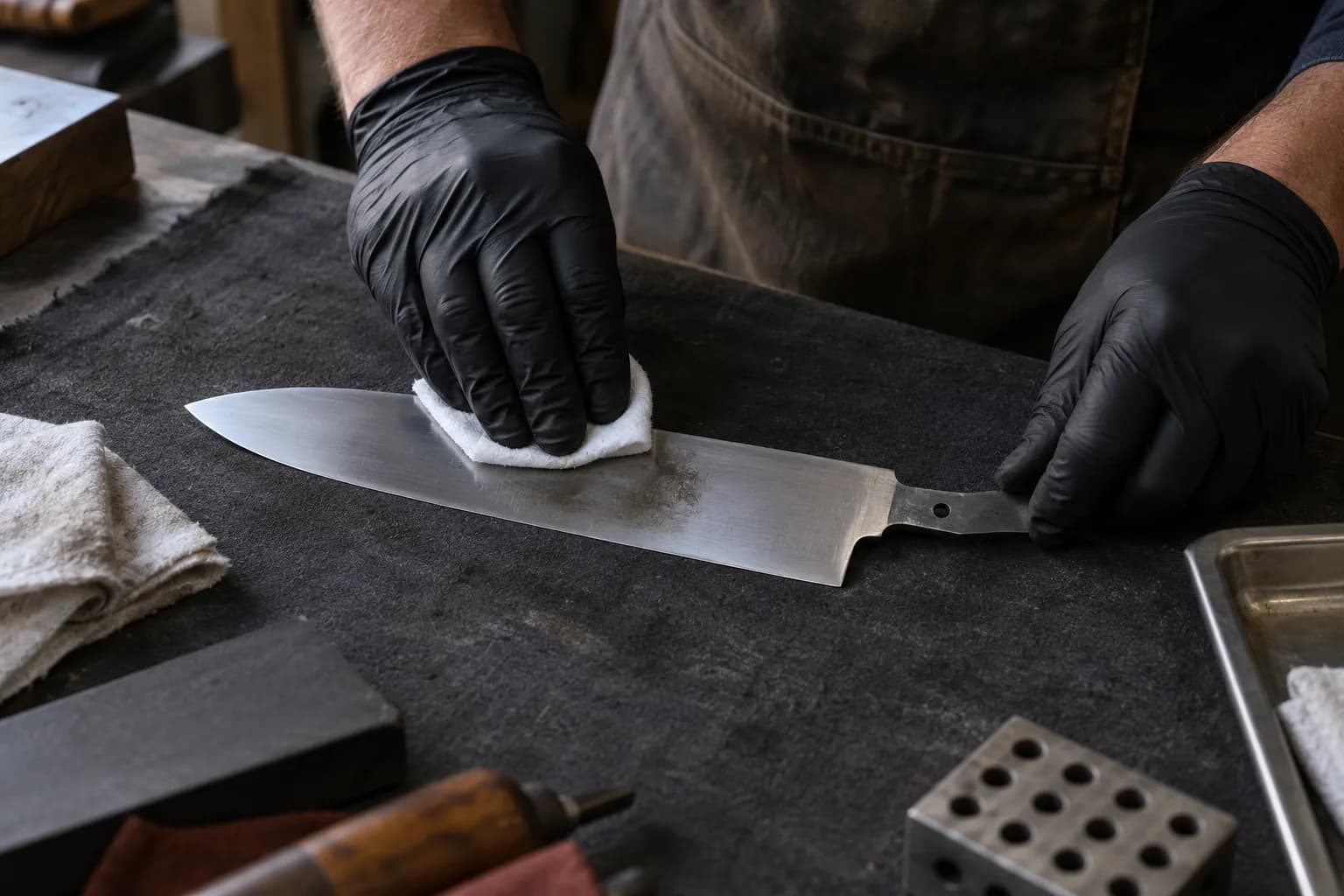 Black-gloved hand wipes residue from a flat blade on a charcoal mat while the other hand steadies the tang.