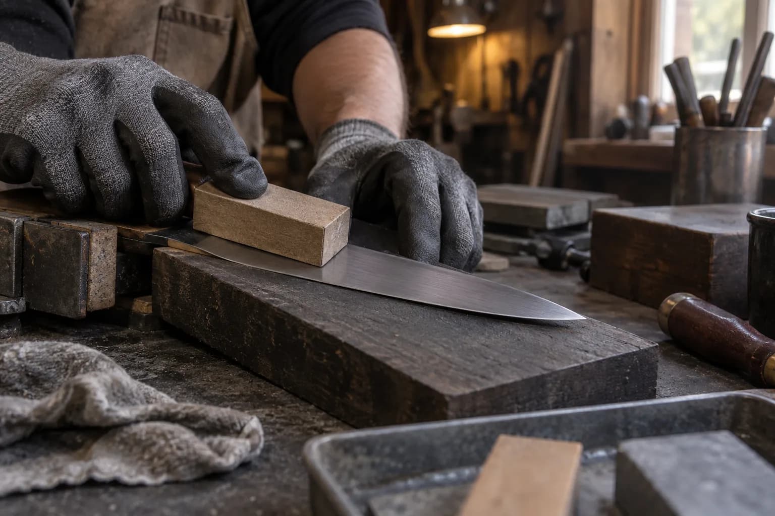 Gloved hands press a rigid sanding block along a blade clamped by the tang and supported on a thick board.