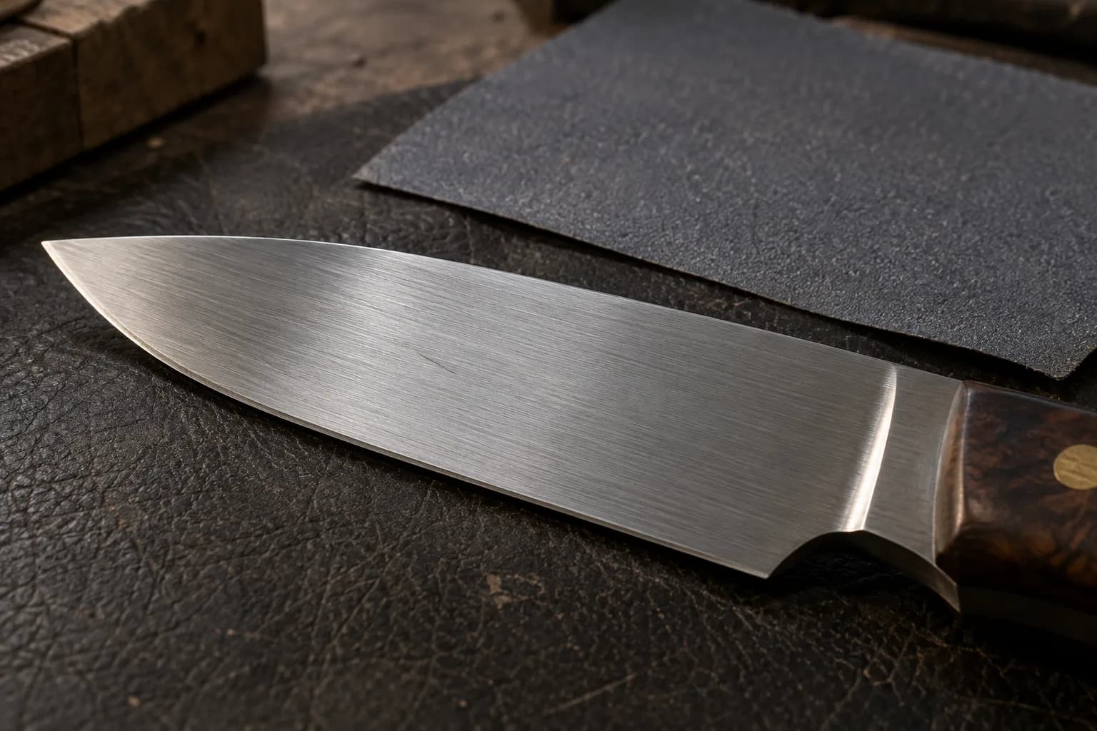Satin drop-point blade with fine lengthwise lines and one short stray scratch, beside a dark abrasive sheet.