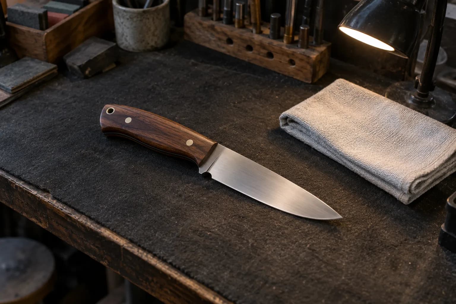 Satin-finished fixed-blade knife with a pinned wood handle on a dark bench pad beside a folded cloth and a lit lamp.